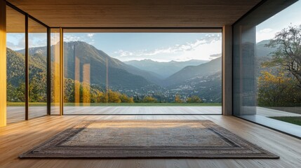 A chic room featuring expansive glass doors revealing rolling hills and vibrant nature, ideal for serene living and mindfulness.