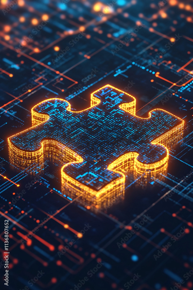 Poster a cyber puzzle piece icon with glowing data charts surrounding it, representing online problem-solvi