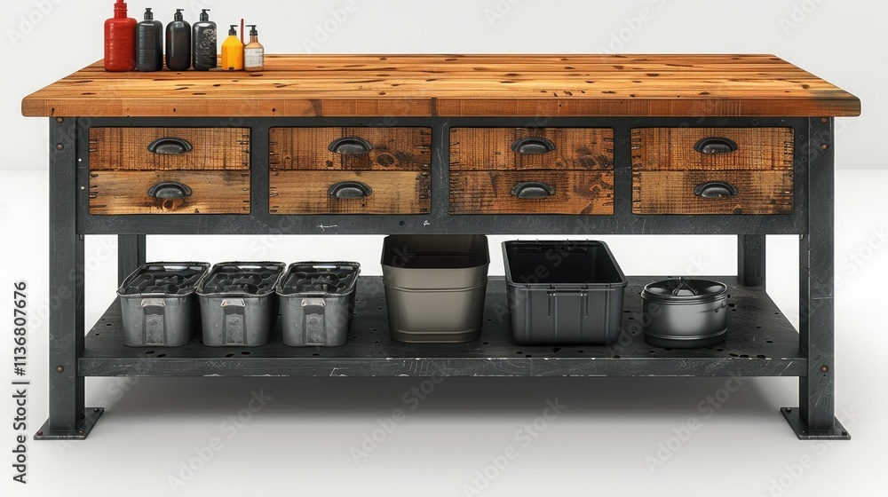 Poster a rustic workbench with drawers and storage for tools and condiments.