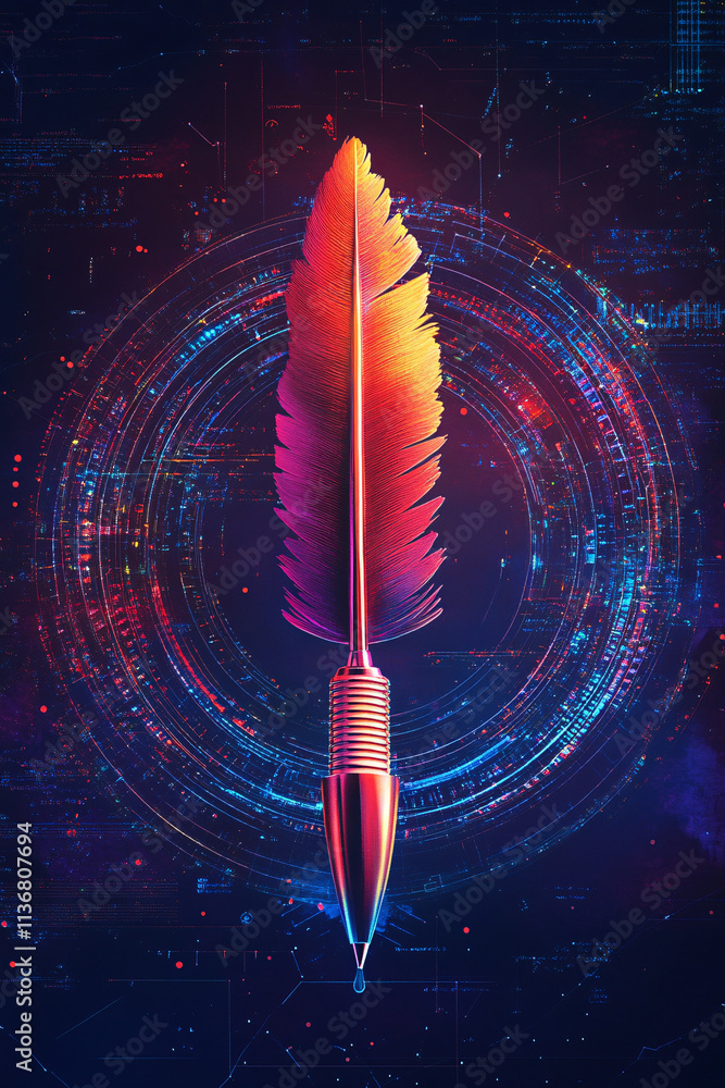 Poster A cyber quill pen icon with writing data surrounding it, symbolizing online writing platforms, digital publishing tools, and smart content creation spaces. 