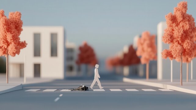 Dynamic scene of a pedestrian crash, vehicle impact analysis visualized in 3D, urban setting