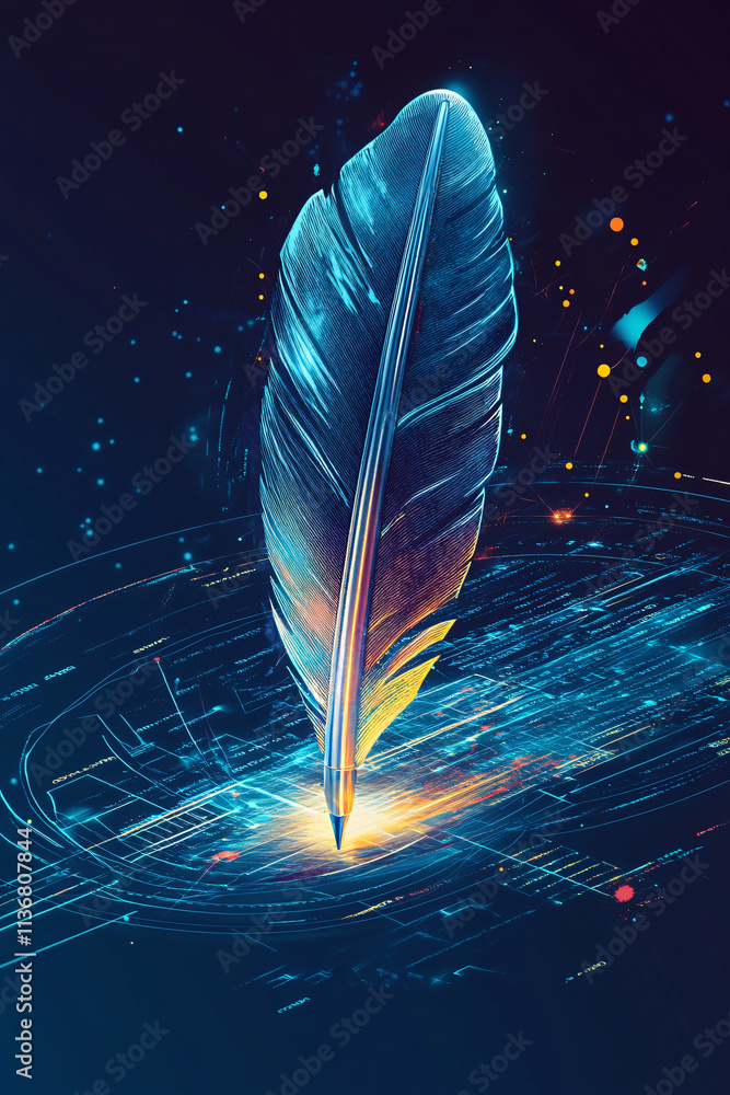 Poster a cyber quill pen icon with writing data surrounding it, symbolizing online writing platforms, digit