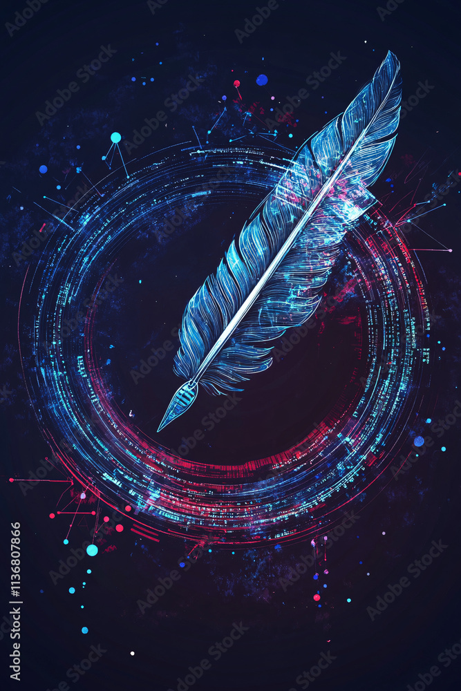 Poster a cyber quill pen icon with writing data surrounding it, symbolizing online writing platforms, digit