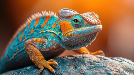 Obraz premium This colorful lizard displays its vibrant skin patterns while resting on a rocky surface, showcasing nature's beautiful design.