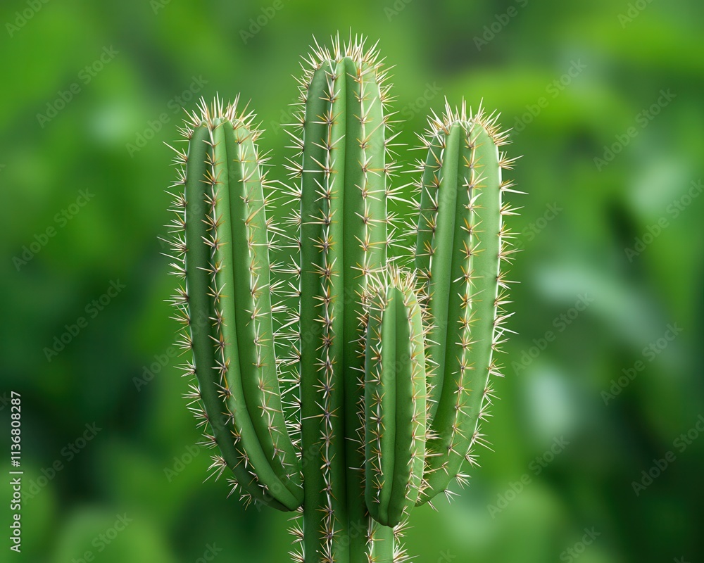 Poster a vibrant green cactus with multiple tall stems and sharp spines, set against a soft blurred backgro