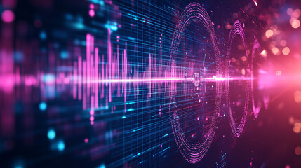 Obraz premium A cyber radio icon glowing with soundwave data, symbolizing online broadcasting platforms, digital radio tools, and smart sound analytics. 