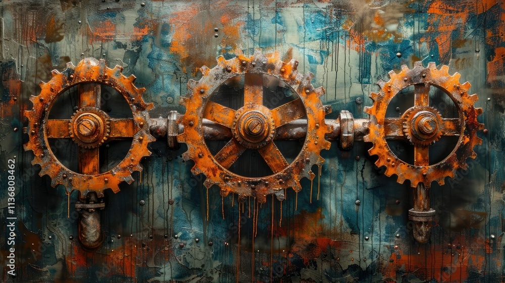 Poster a rusty, industrial backdrop featuring three large gears with paint drips and a textured surface.