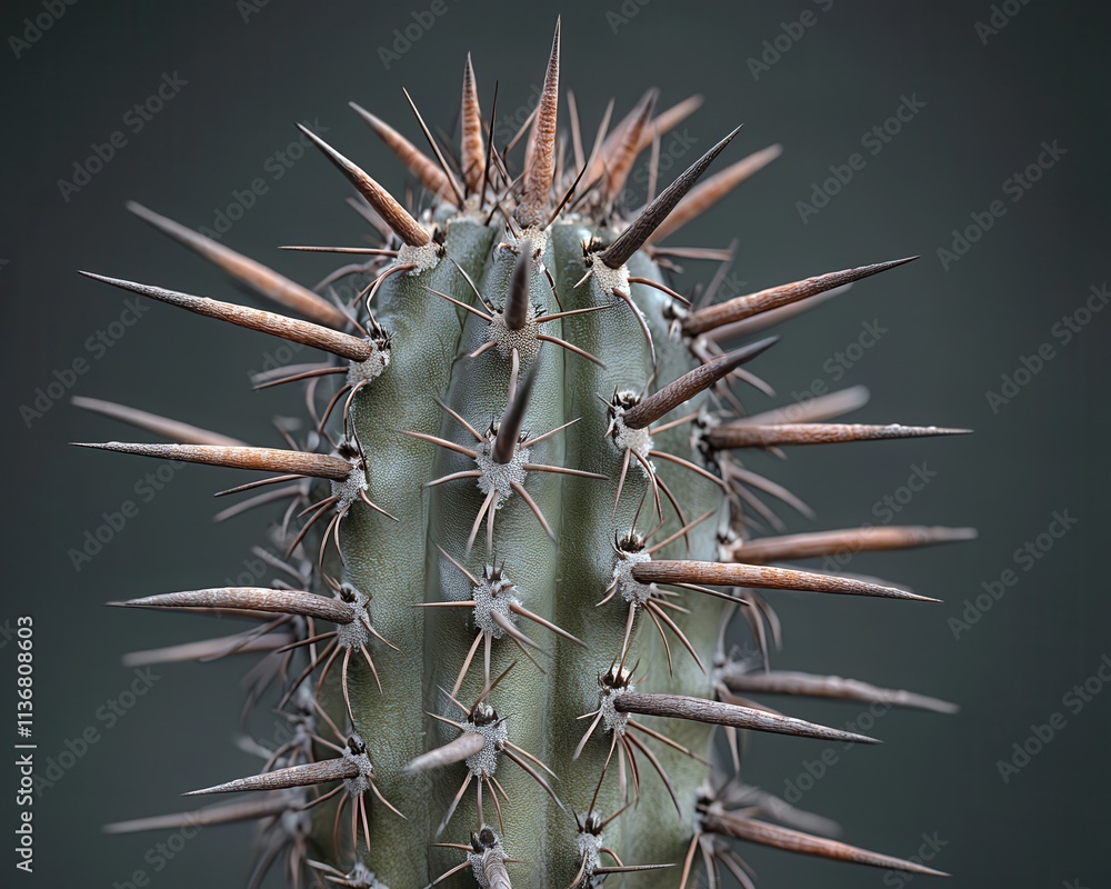 Poster close-up of a green cactus with sharp spines, showcasing intricate textures and colors.