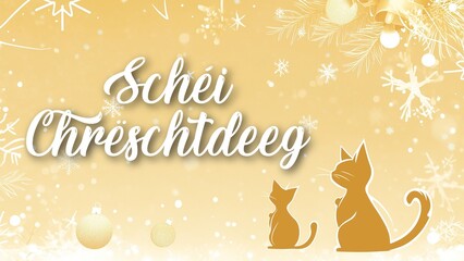Obraz premium Festive Cat-Themed Christmas Background with Schéi Chrëschtdeeg Wish in Luxembourgish, Featuring Cute Cats and Holiday Cheer