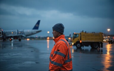Ground crew worker in reflective orange jacket standing at a wet airport tarmac during twilight. Passenger airplane and yellow airport vehicle in the background. Aviation industry concept for design.