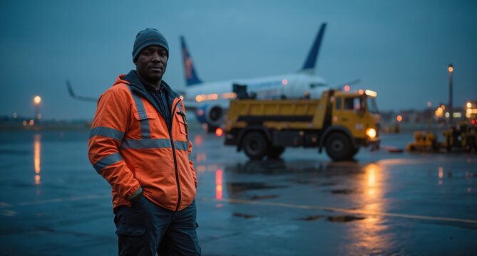 Ground crew worker in reflective orange jacket standing at a wet airport tarmac during twilight. Passenger airplane and yellow airport vehicle in the background. Aviation industry concept for design.