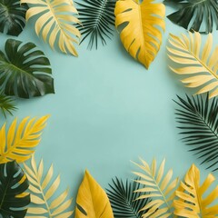 Collection of tropical leaves, foliage plant in light blue color with clear center space background
