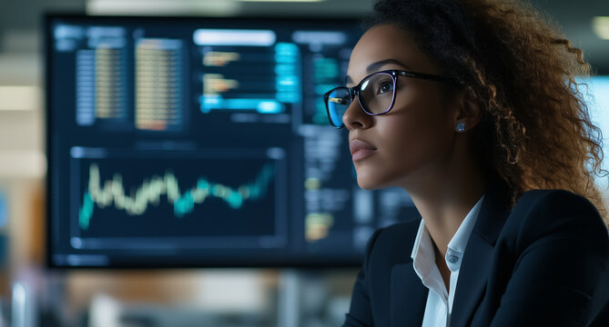 professional female software developer next to a project screen in office