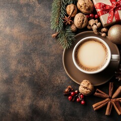 Coffee festive menu on decorated Xmas table.