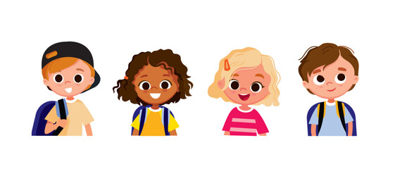 Set of school kids with pupils, children with backpacks. Student exchange program Vector set of friends preschoolers, teenagers, characters in different clothes, wear. Children apparel fashion  models