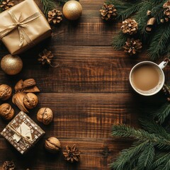 Coffee and holiday menu on decorated Xmas table.