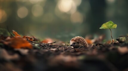 Obraz premium A curious hedgehog exploring the forest floor surrounded by autumn leaves and soft, dappled light.