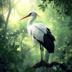 Fototapeta premium Stork perched in a verdant setting.