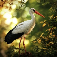 Fototapeta premium Stork on green nature backdrop.