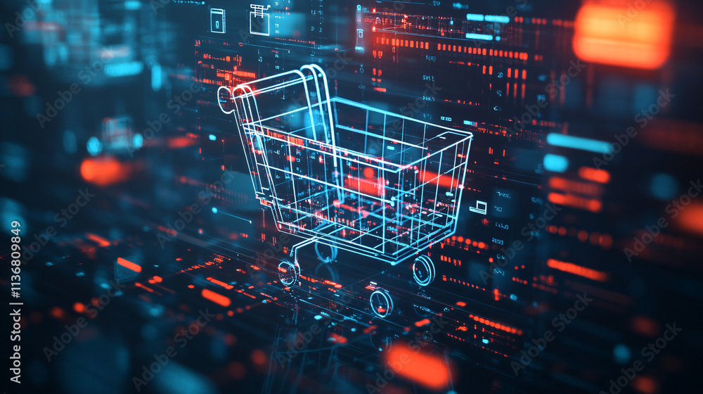 Poster a cyber shopping cart icon surrounded by floating product images and data points, symbolizing e-comm