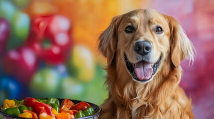 Cute dog on colorful background with bowl of food