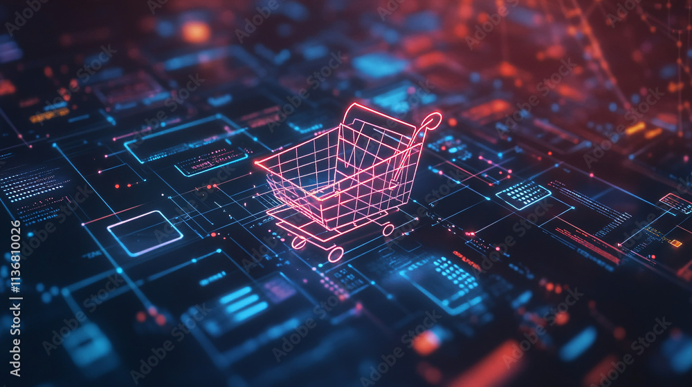 Poster a cyber shopping cart icon surrounded by floating product images and data points, symbolizing e-comm