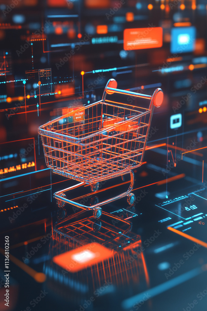 Poster a cyber shopping cart icon surrounded by floating product images and data points, symbolizing e-comm