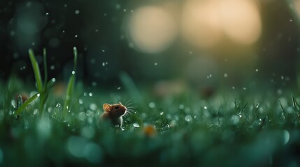A small mouse in the grass, surrounded by falling raindrops, evoking a sense of wonder during a serene moment in nature.
