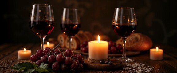 Cozy wine tasting setup with candles, grapes, and fresh bread on wooden table