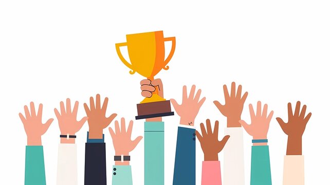 Colorful Hands Celebrating with a Gold Trophy Held High Against White Background