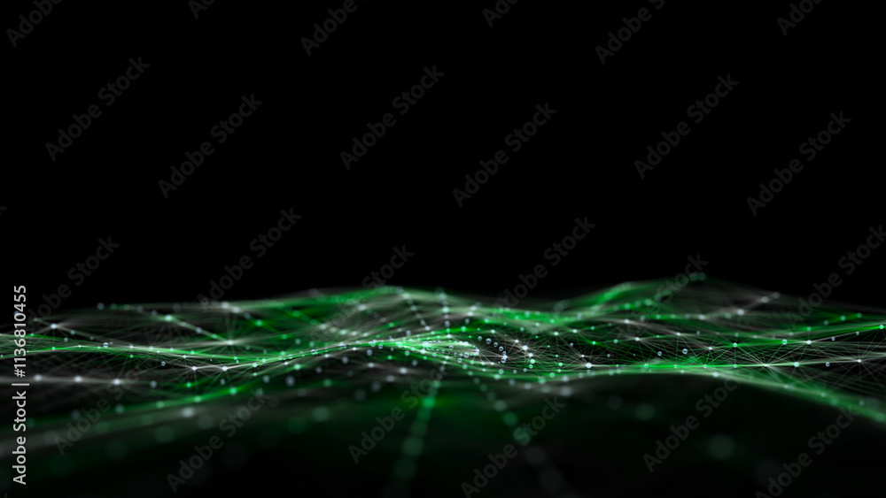 Aufkleber Abstract circle wave with green light on black background. Science background with moving dots and lines. Network connection technology. Digital structure with particles. 3d rendering.