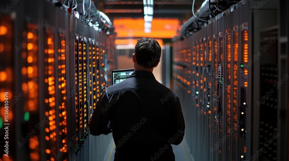Poster a technician examining a server rack in a data center