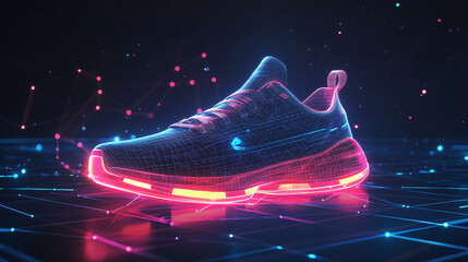 A cyber sneaker icon glowing with fitness metrics, representing online workout platforms, smart health tracking tools, and digital wellness analytics. 