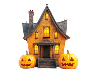 "Yellow Pumpkin in Front of Haunted House Spooky Halloween Scene on Transparent Background"