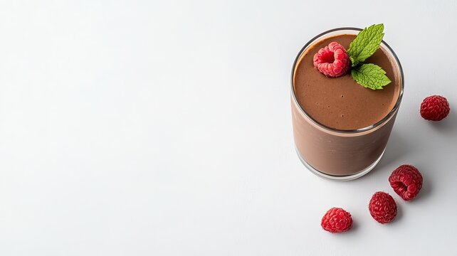 A decadent mocha mousse topped with a handful of fresh raspberries and a sprig of mint, served in a crystal-clear dessert glass