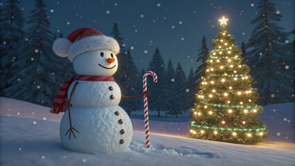 Obraz premium Snowman wearing a top hat and scarf, holding a glowing lantern under a snow-covered pine tree, watercolor effect, warm and cozy, festive.