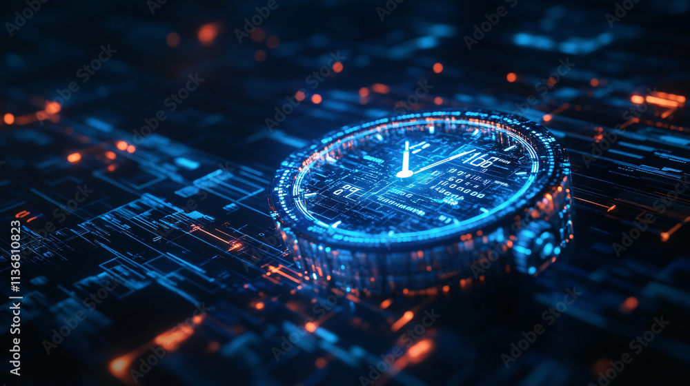 Poster a cyber stopwatch icon with floating time data, representing online productivity tools, real-time sc
