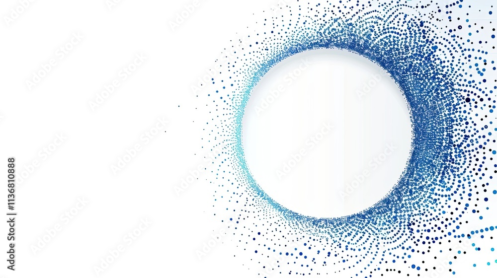 Poster abstract design featuring a circular pattern of blue dots on a white background.