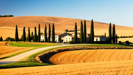 Fototapeta premium A scenic Tuscan villa surrounded by tall cypress trees, a winding path, and golden rolling fields bathed in warm sunlight.