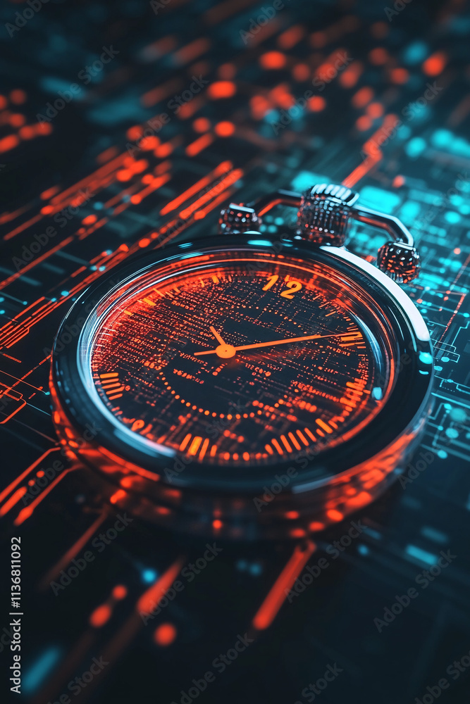 Poster a cyber stopwatch icon with floating time data, representing online productivity tools, real-time sc