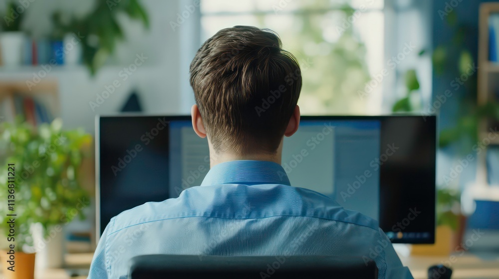 Aufkleber rear view of young programmer in eyeglasses writing codes on different gadgets while working at his 