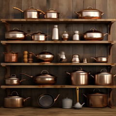 photo side view of cooking set of pots and pans on wooden shelves jpg