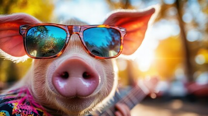 A light-hearted image showcasing a pig with sunglasses, exuding a cheerful vibe while engaging with its surroundings, adding a fun twist to the mundane farm life.