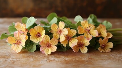 Yellow orange primrose flowers with green leaves lying on rustic wooden surface, perfect for spring decoration, gardening blog, floral background, natural daylight, warm tones, cozy atmosphere