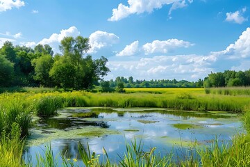 Beautiful summer landscape with river and meadow in sunny day.