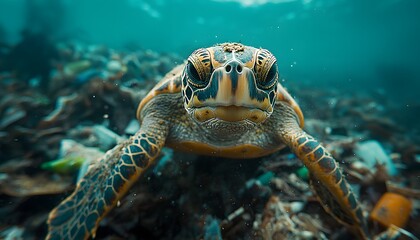 Obraz premium Close-up of a Sea Turtle Swimming Among Ocean Trash, Highlighting Marine Pollution and Wildlife Conservation Efforts Underwater Environment