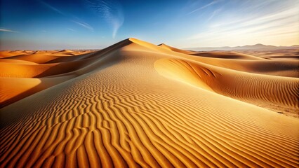 Naklejka premium Ground Level Desert Dune Composition Golden Sands Under Blue Sky, Desert Landscape Photography, Sand Dune Texture, Desert, Sand, Dunes