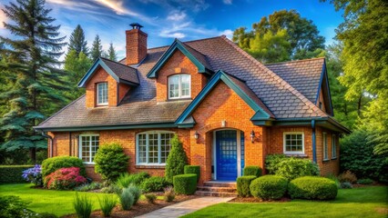 Naklejka premium Brick House Exterior Eye-Level View, Brick and Slate Composition, Lush Greenery, Dream Home Concept, house design, landscaping, real estate house design