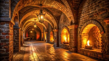 Fototapeta premium Archway Corridor Brickwork Composition, Illuminated Lanterns, Medieval Concept, Brick Arch, Castle Interior, Firelight Medieval Architecture, Interior Design