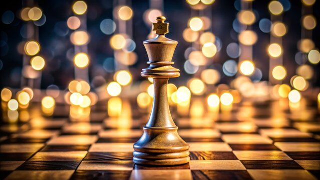Close-up Composition of a Golden Chess King on a Board with Bokeh Lights, Strategy, Leadership, Game Chess, King, Strategy
